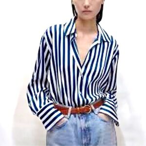 Zara Chic Striped Button-Up Long Sleeve Blouse in Blue and White
